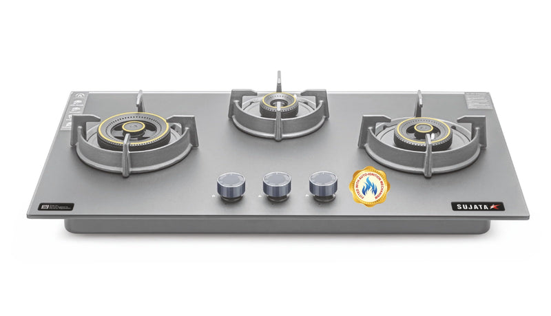 Sujata 3 Burner Gas Stove Glass Top | 5 Years Warranty | Auto Ignition Gas Stove 3 Burner, CookTop cum Hob Top 3 Burners, LPG & PNG Compatible, Brass Burner (Palladium FFD Auto Ignition - Black)