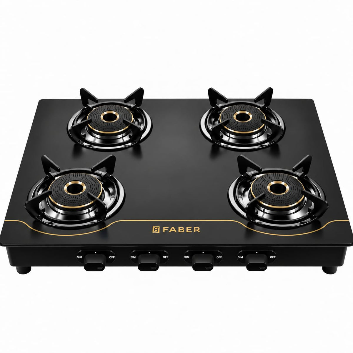 Faber 4 Burner 69cm Cooktop| 2 Jumbo + 1 Medium + 1 small Brass Burners| Designer Matt Black Glass Finish|ABS Knobs|5 Yr
