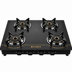 Faber 4 Burner 69cm Cooktop| 2 Jumbo + 1 Medium + 1 small Brass Burners| Designer Matt Black Glass Finish|ABS Knobs|5 Yr