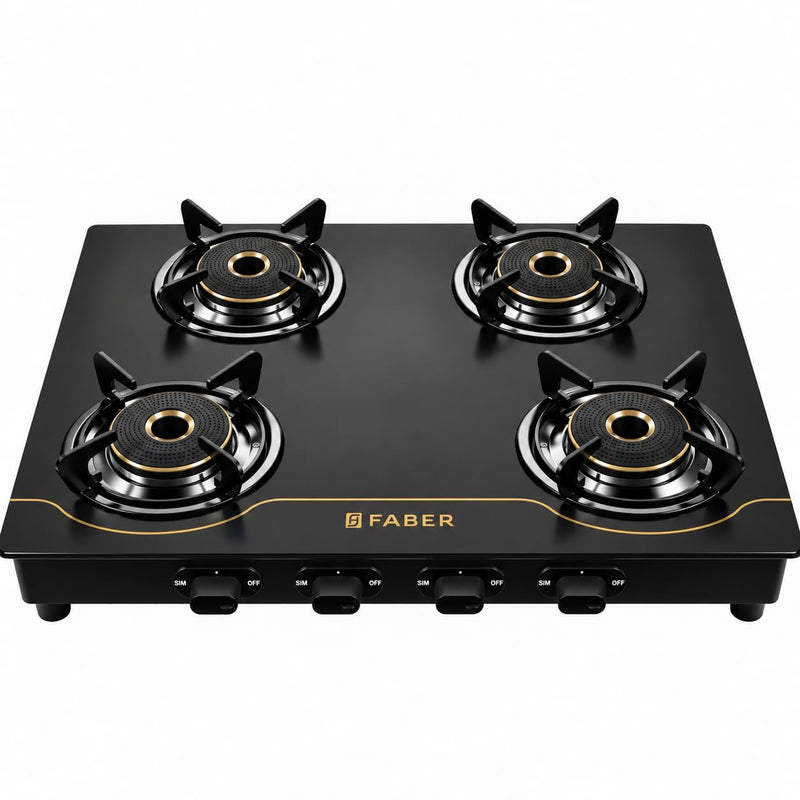 Faber 4 Burner 69cm Cooktop| 2 Jumbo + 1 Medium + 1 small Brass Burners| Designer Matt Black Glass Finish|ABS Knobs|5 Yr