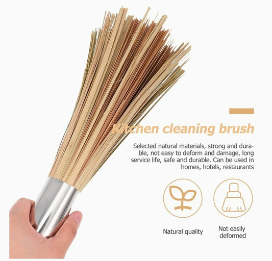 Shoppers Hub PNQ Bamboo Wood Based 32Cm Long Hygienic Cleaning Chinese Broom with SS Handle for Ideal Heavy Duty Floor Cleaning Use of Woks, Dosa Bhatties, Stoves in Hotels, Cafes, Restaurants.,Brown