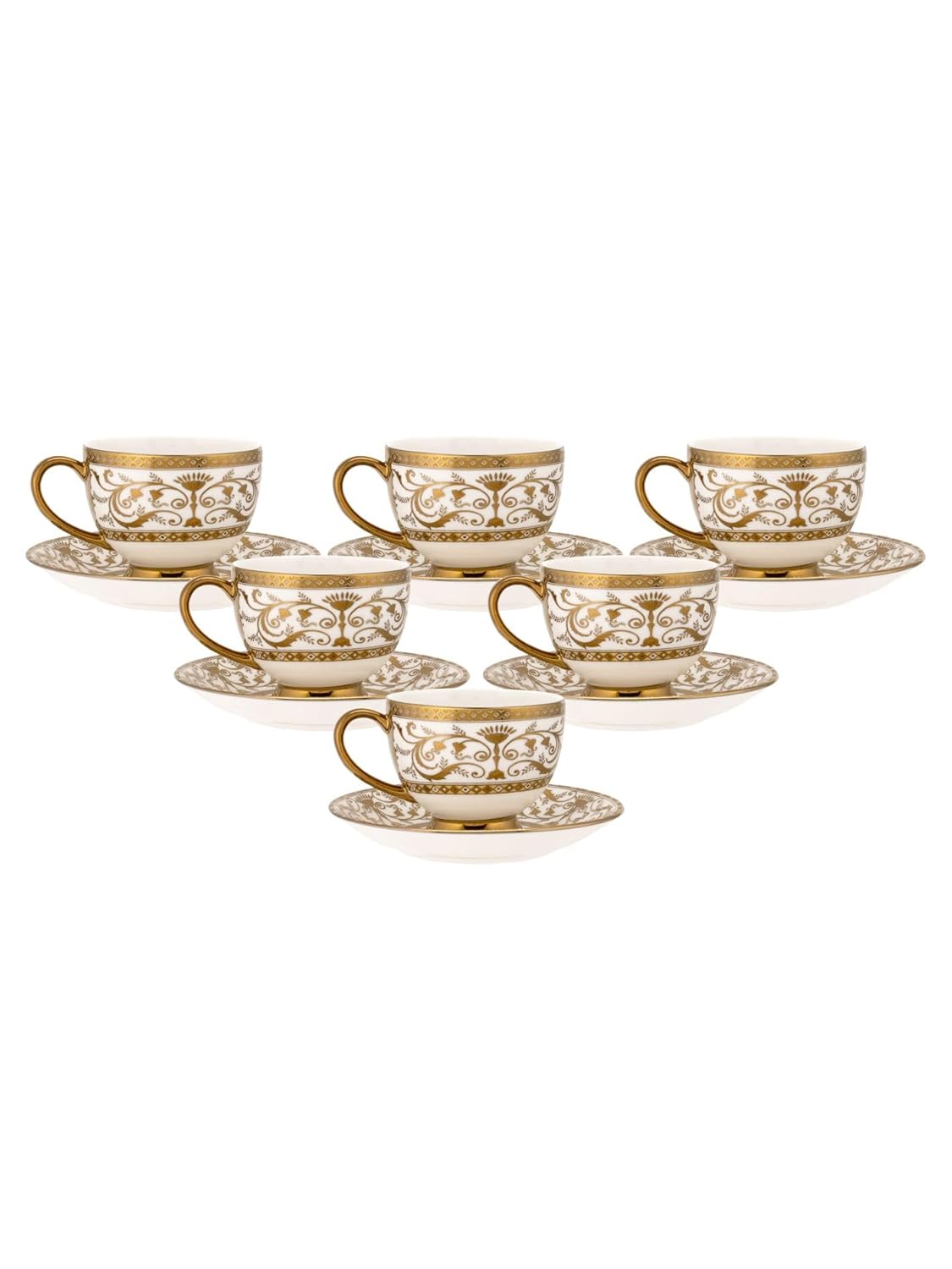 Clay Craft Fine Ceramic Julian Gold Printed Cup & Saucer Set of 12 (6 Cups + 6 Saucers) - 180 ml Each