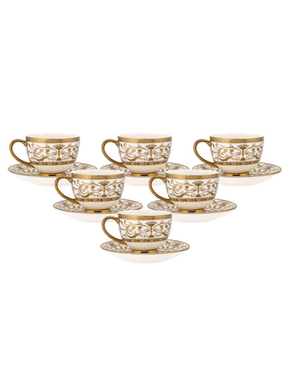 Clay Craft Fine Ceramic Julian Gold Printed Cup & Saucer Set of 12 (6 Cups + 6 Saucers) - 180 ml Each