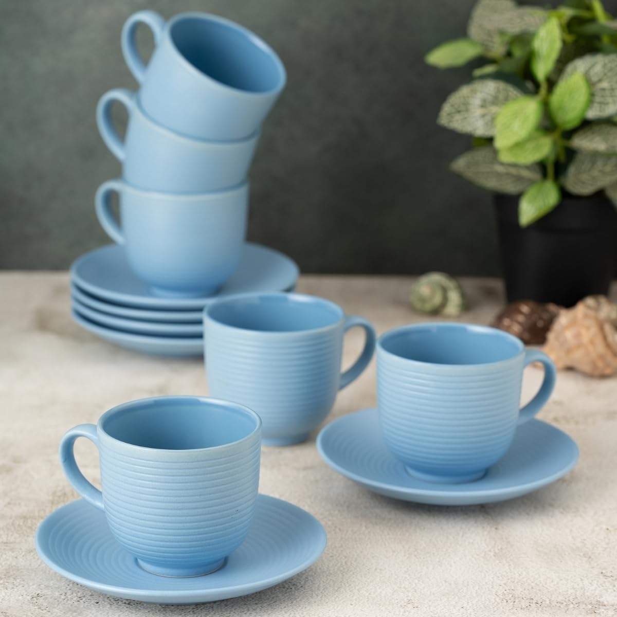 Clay Craft Fine Ceramic Horizon Blue Cups & Saucer, Set of 12, Cups for Tea & Coffee, Gift Set, Elegant Design for Home and Kitchen and Can Be Gifted to Your Loved Ones On Any Occassions
