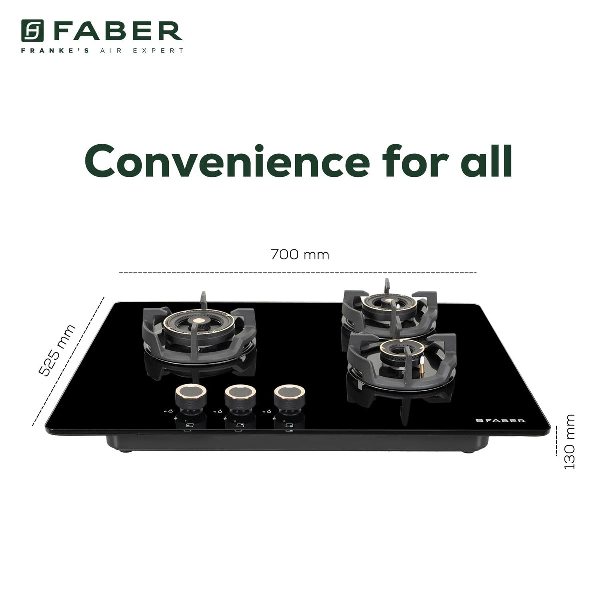 Faber 70Cm 3 Burner Hob|Auto Electric|Built-In Or Hobtop|Brass Burners|Cast Iron Pan Support|Glass Matt Finish|Metal Kno