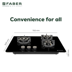 Faber 70Cm 3 Burner Hob|Auto Electric|Built-In Or Hobtop|Brass Burners|Cast Iron Pan Support|Glass Matt Finish|Metal Kno