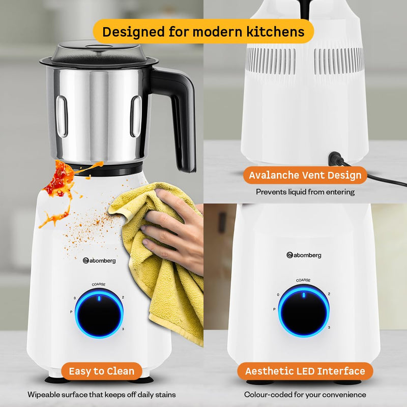 Atomberg Yulia 750 Watt Mixer Grinder | 4 Multipurpose Jars including Chopper Jar | Coarse Mode for Silbatta-like Textures | Powerful Intelligent Motor | Advanced Safety Features | Snow White