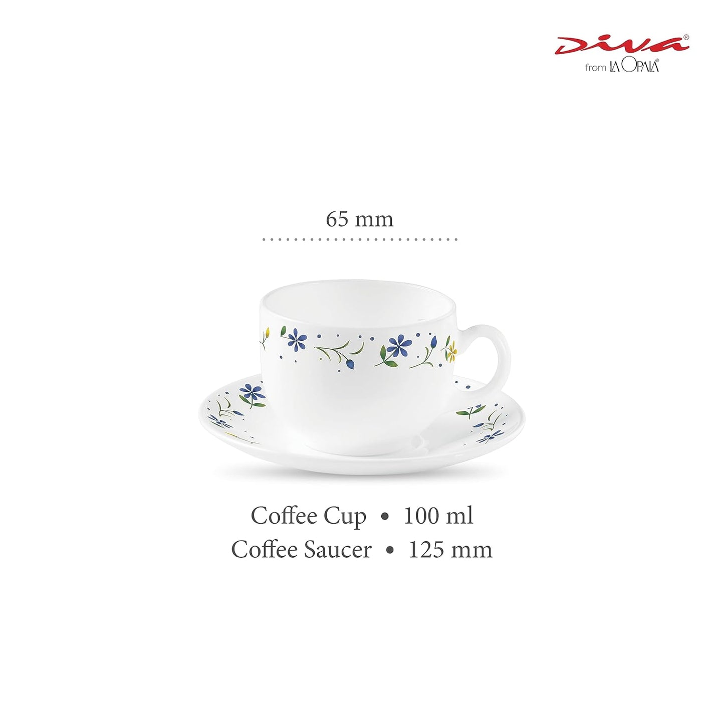 La Opala Diva, Opal Glass Crockery | Coffee Cup & Saucer Iris, Set of 12 | Twilight Bouquet, 100 ml | for Tea & Coffee | Microwave Safe | 100% Vegetarian | Extra Strong | Super Light | Super White