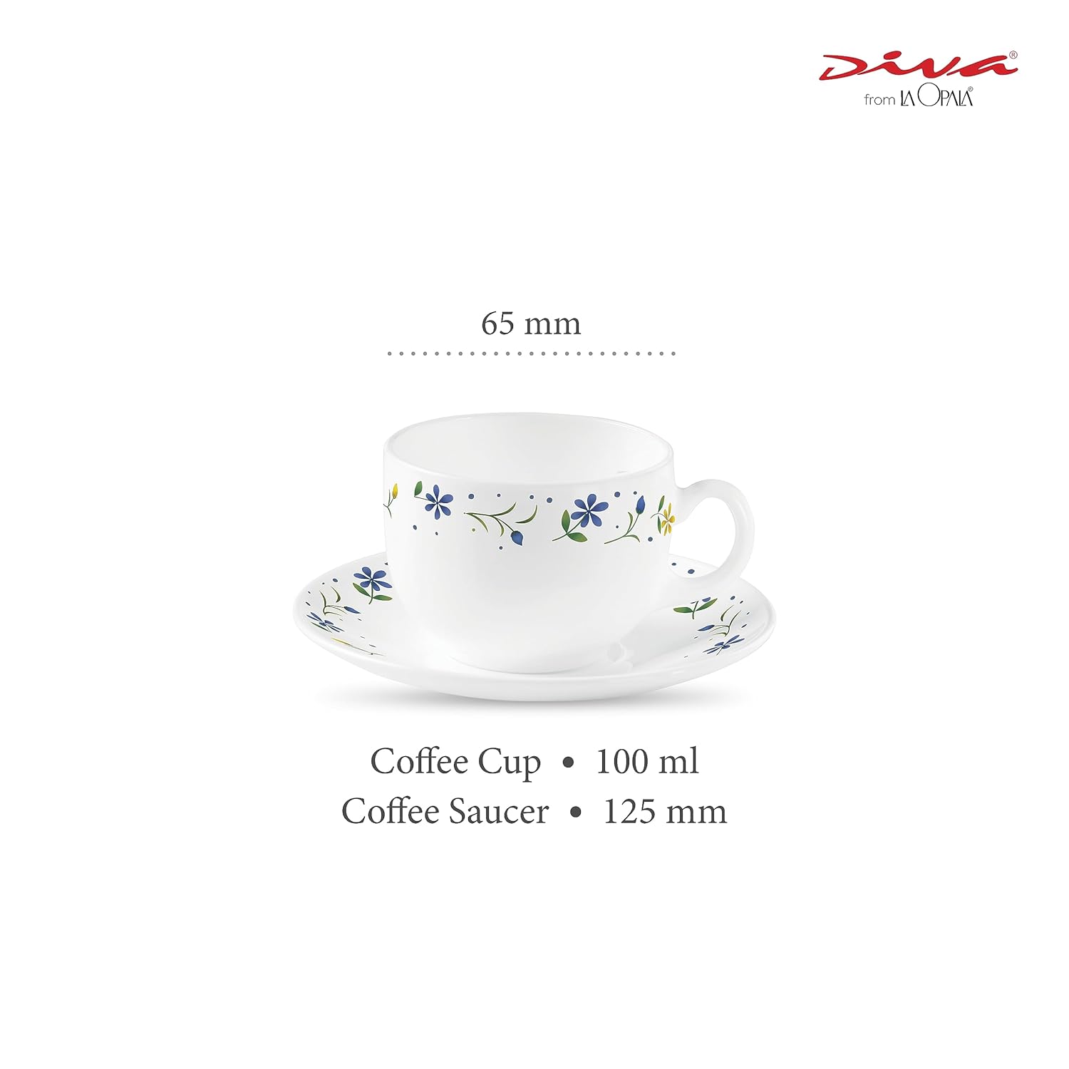 La Opala Diva, Opal Glass Crockery | Coffee Cup & Saucer Iris, Set of 12 | Twilight Bouquet, 100 ml | for Tea & Coffee | Microwave Safe | 100% Vegetarian | Extra Strong | Super Light | Super White