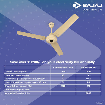 Bajaj Energos 26 1200MM (48 Inch) BLDC Ceiling Fan With Remote | BEE 5 Stars Rated | Energy Efficient Ceiling Fan For Home 【Base Ivory】