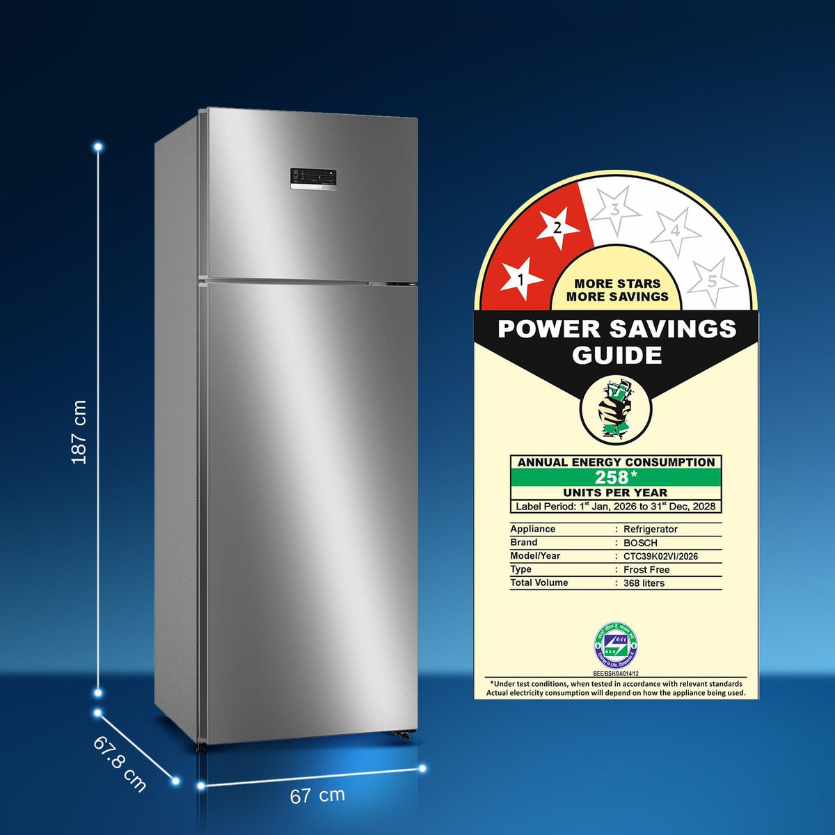 Bosch 368L, 2 Star, Frost Free Double Door Refrigerator (CTC39K02VI)-5