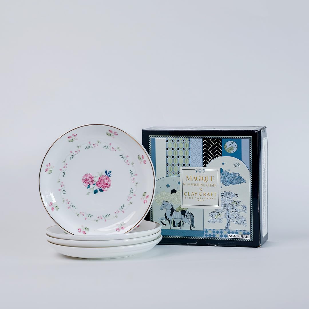 Magique by The Wishing Chair x ClayCraft : Portrait of a Rose Ceramic Plates Set of 4 | 6 Inches | Snack Plates | Elegant Lightweight Small Ceramic Plates for Appetizers & Desserts | Dishwasher Safe