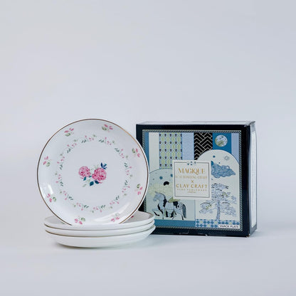 Magique by The Wishing Chair x ClayCraft : Portrait of a Rose Ceramic Plates Set of 4 | 6 Inches | Snack Plates | Elegant Lightweight Small Ceramic Plates for Appetizers & Desserts | Dishwasher Safe