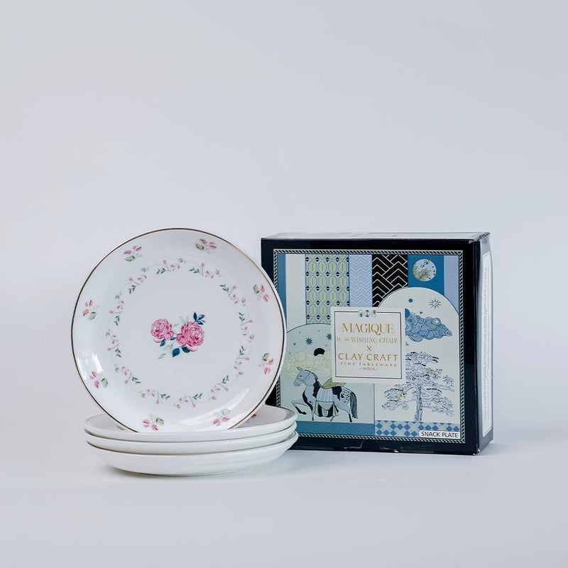 Magique by The Wishing Chair x ClayCraft : Portrait of a Rose Ceramic Plates Set of 4 | 6 Inches | Snack Plates | Elegant Lightweight Small Ceramic Plates for Appetizers & Desserts | Dishwasher Safe