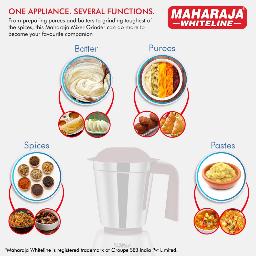 Maharaja Whiteline 500W Livo Pro Mixer Grinder with 3 Stainless Steel Jars with lid and 20,000 RPM Motor Speed (White & Cherry Red)
