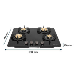 Faber 4 Burner 70cm Hob |Auto-Ignition HOB PRIME HT704 CRS BR CI AI |Metal Knobs Cast Iron Pan Support |Hob/Cooktop Hybr