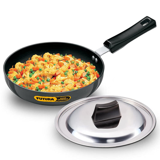 Hawkins Futura 20 cm Frying Pan, Hard Anodised Fry Pan with Stainless Steel Lid with Extra Height and Rounded Sides, Black (AF20RS)