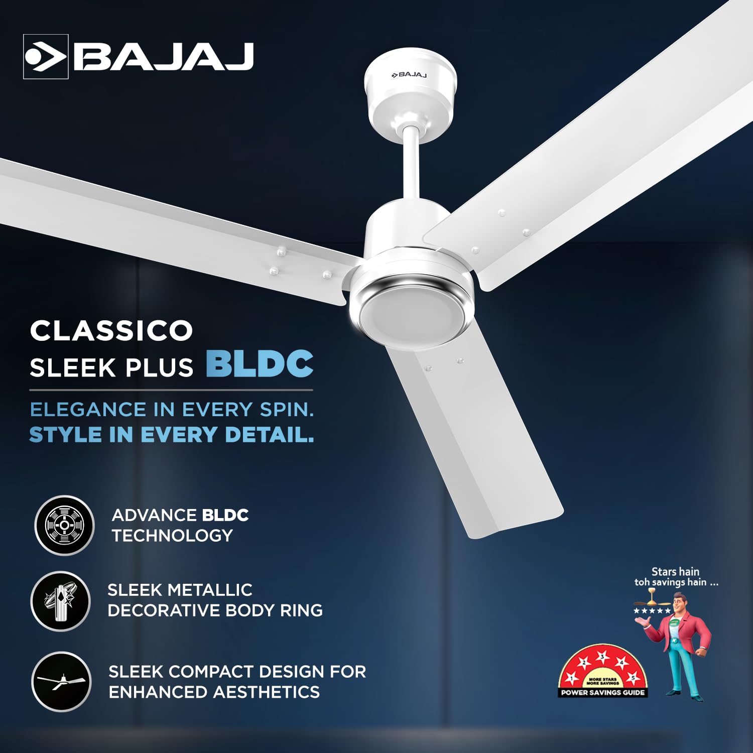 Bajaj Classico Sleek Plus 1200MM (48") BLDC Ceiling Fans For Home | BEE 5 Star Rated Energy Efficient Ceiling Fan | High Energy Density Motor | RF Remote | 2-Yr Warranty 【Base White】