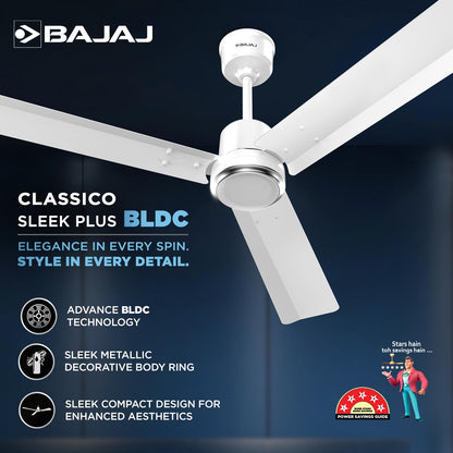 Bajaj Classico Sleek Plus 1200MM (48") BLDC Ceiling Fans For Home | BEE 5 Star Rated Energy Efficient Ceiling Fan | High Energy Density Motor | RF Remote | 2-Yr Warranty 【Base White】
