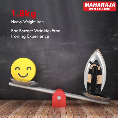 Maharaja Whiteline Classico Plancha 1200 Watt Dry Iron | Non-Stick Soleplate | Heavy Body | Temprature Control | Ergonomic handle (Black), 1200 watts, Stainless Steel