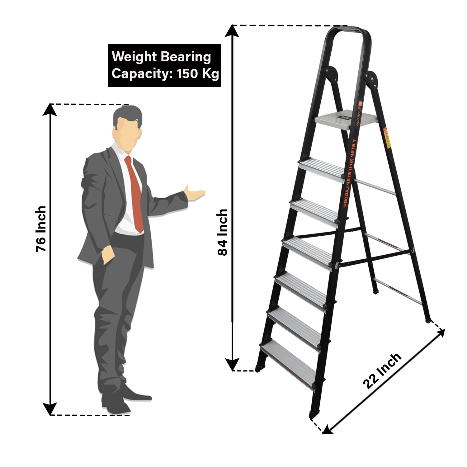 Bonkaso 7 Steps Climb Lite Pro Foldable Aluminium Ladder, Load Capacity upto 120kg, Multipurpose ladder for home & office, Anti-Skid Steps, Heavy Duty Platform, 5 Years Warranty (215h x 56w Cms) Black