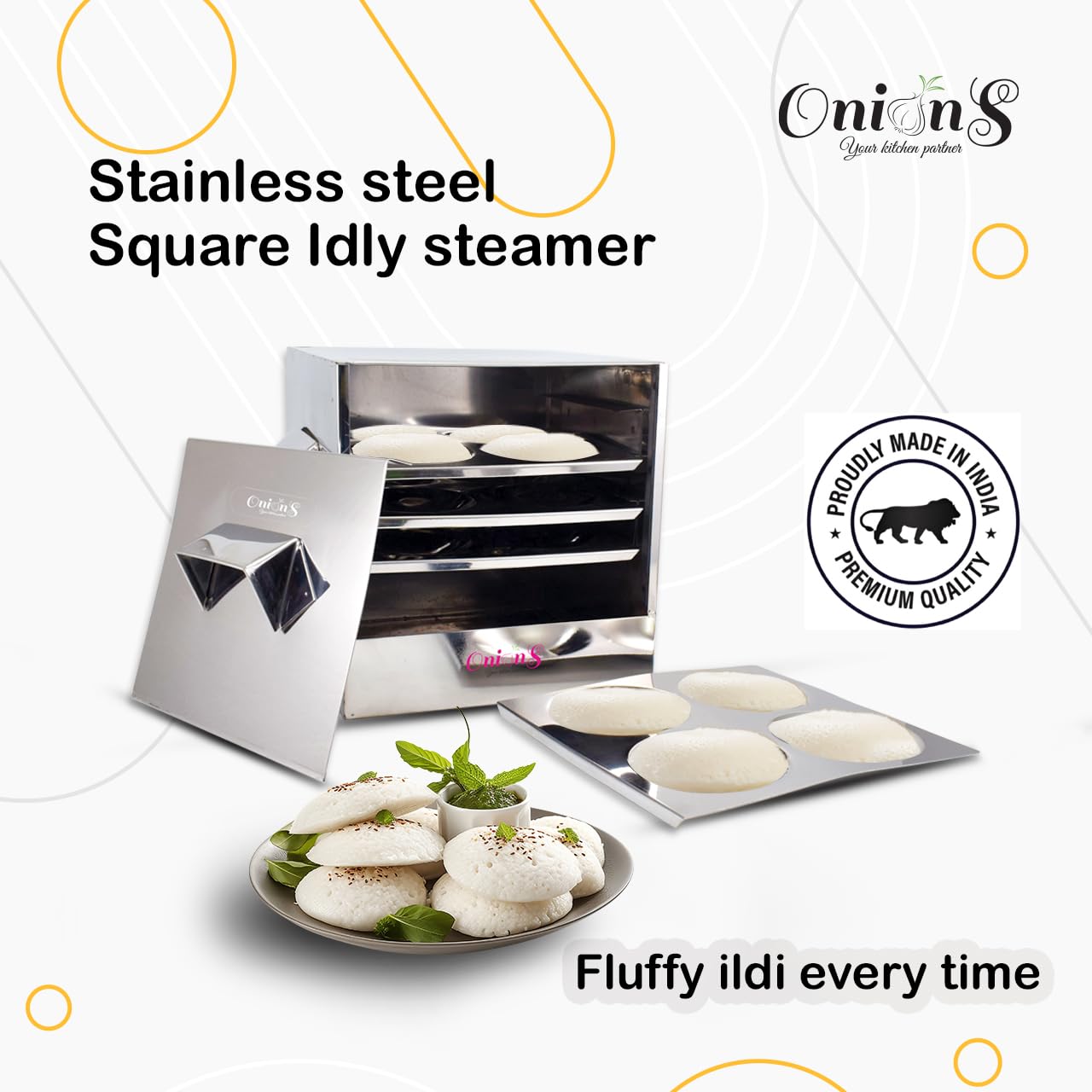 Onions Stainless Steel Cauka/Square/Cubic Idly cooker 4 plates with16 idli- Gas stove and Induction Stove Compactible, 1.5 liter, Silver