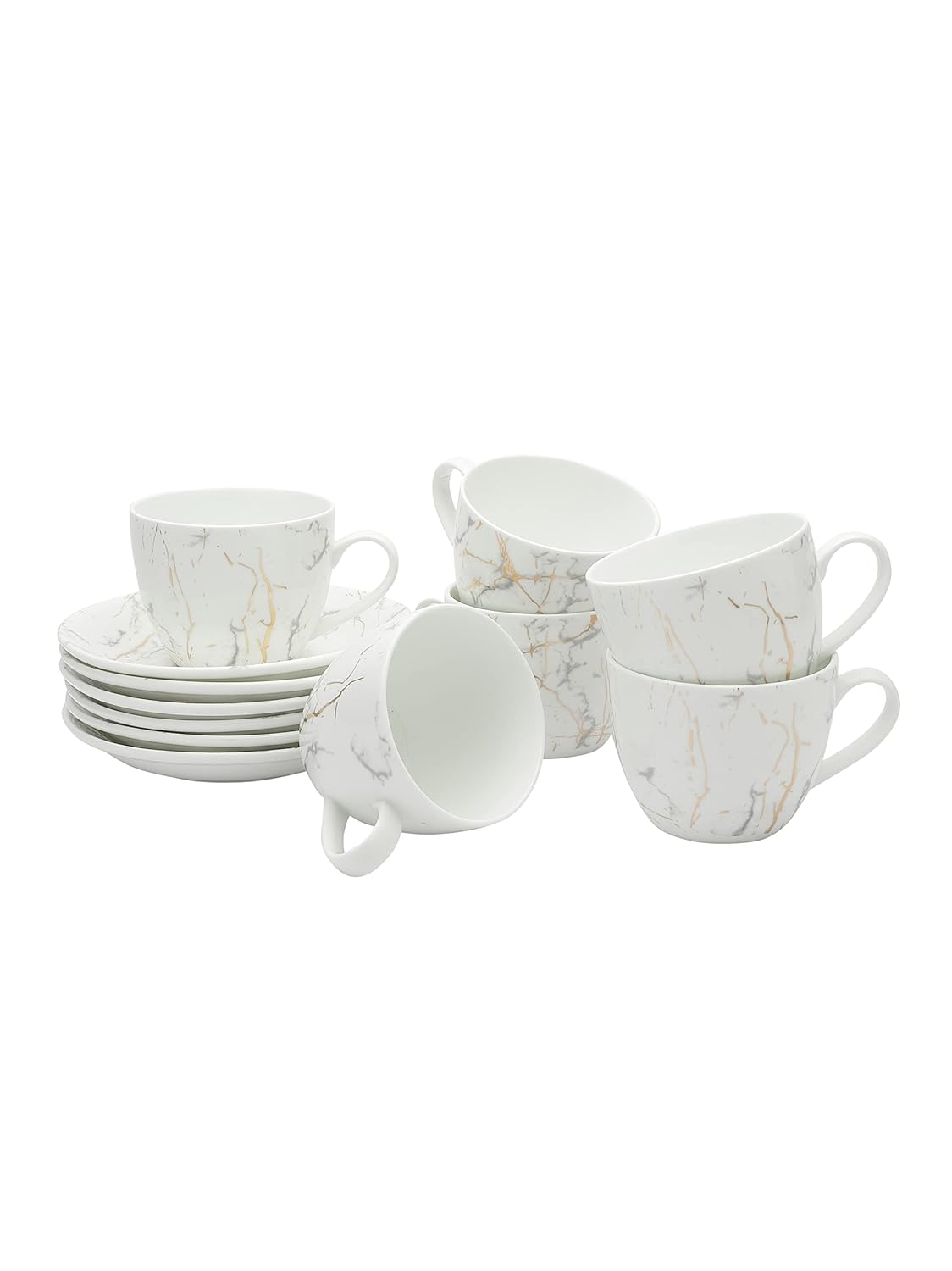 Clay Craft Marble Finish Cup & Saucer Set of 12 (6 Cups + 6 Saucers) - 180 ml Each (White)