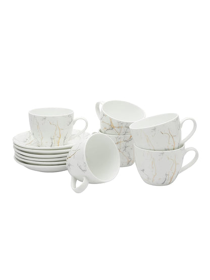 Clay Craft Marble Finish Cup & Saucer Set of 12 (6 Cups + 6 Saucers) - 180 ml Each (White)