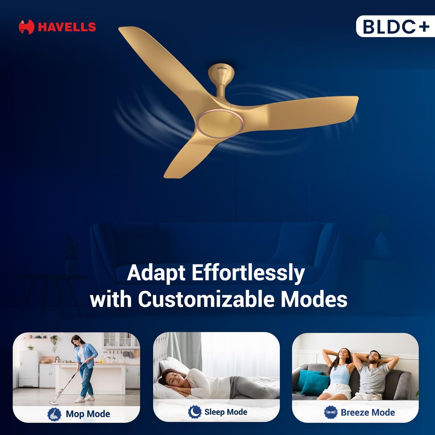 Havells 1200mm Stealth Air BLDC Motor Ceiling Fan | Remote Controlled, High Air Delivery Fan | 5 Star Rated, Upto 60% Energy Saving, 2 Year Brand Warranty | (Pack of 1, Champagne)