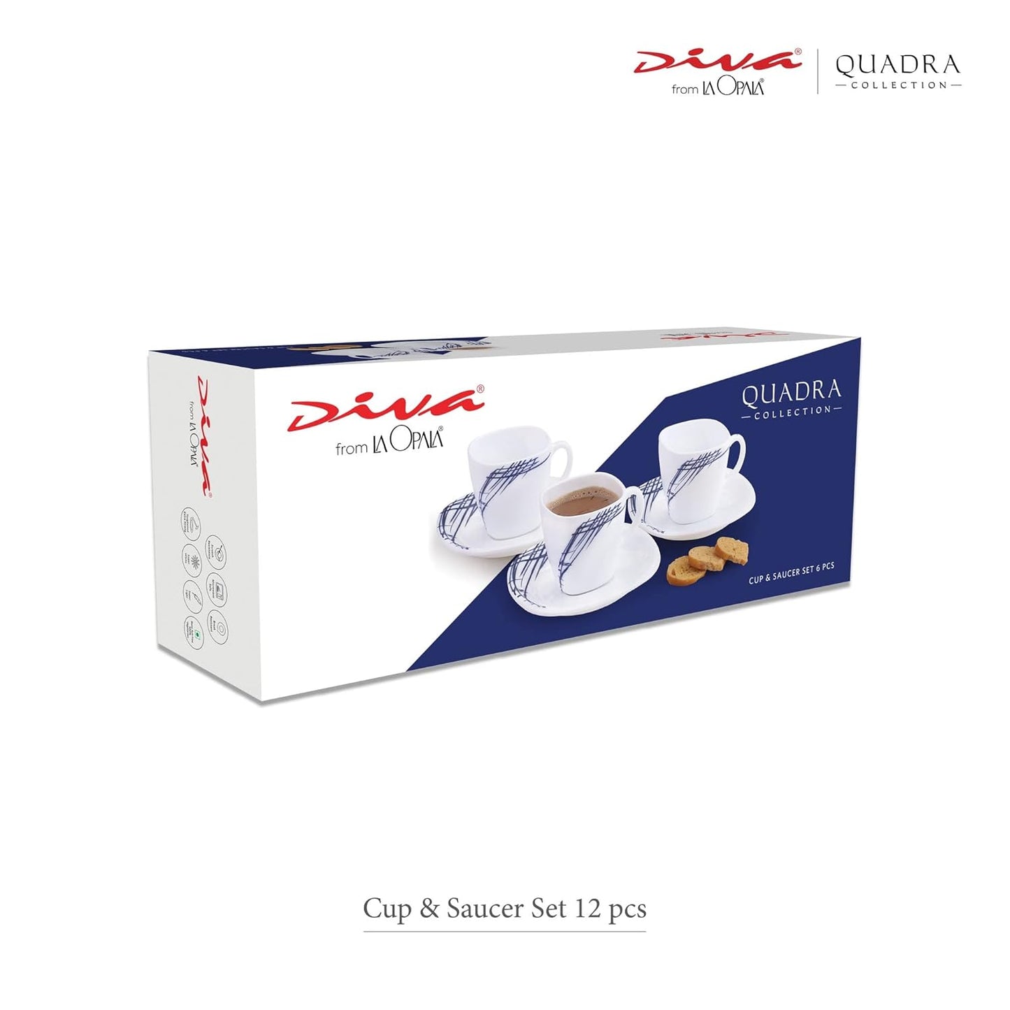La Opala Diva, Quadra Collection, Opal Glass Cup & Saucer Set 12 pcs, Golden Shades, White, Standard