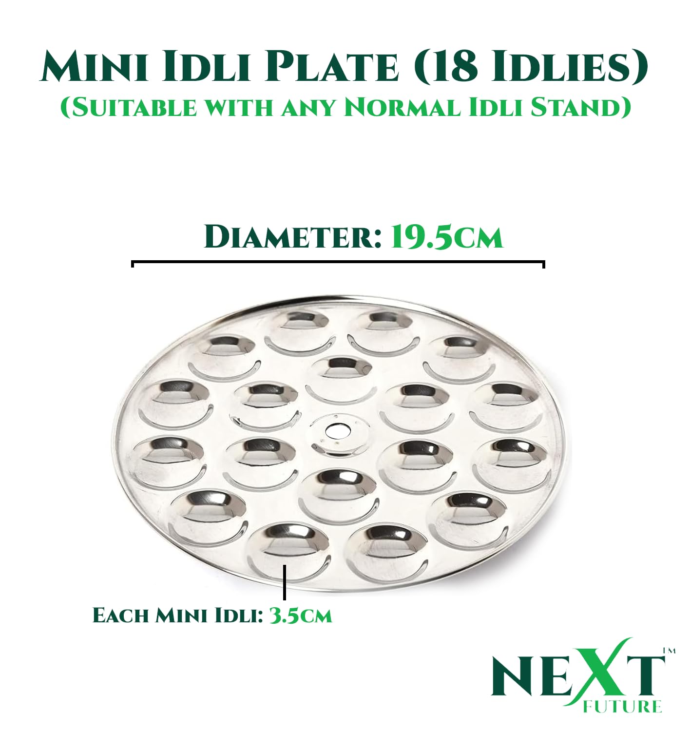 Next Future 5-Star Stainless Steel Mini Idli Plates set of 6 | Mini Idli Stand | Mini Idli Maker Stand with 108 Idli Kulis, High Polish with Rod Picker Handle (6 Plates)