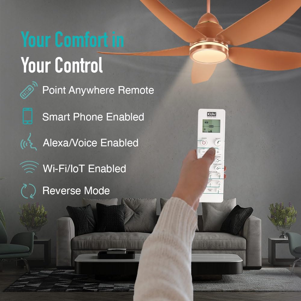 KUHL Luxus C5 1200mm Stylish 65% Power Saving BLDC Ceiling Fan with Remote | Night & Down Light | 29W |BEE 5 Star | Low Noise|IoT –Operate via Mobile & Alexa|Reverse Mode | Free Installation | Copper
