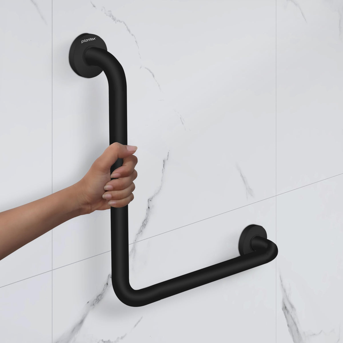 Plantex L-Shape Grab Bar for Toilet/Support Handle for Senior Citizen/Anti-Slip Shower Handrail - Stainless Steel, Pack of 1 (Black)-1