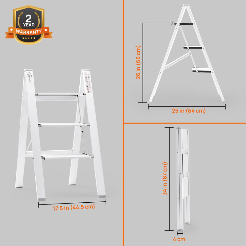 Corvids 3-Steps Premium Folding Step Stool with Wide Anti-Slip Pedal, Portable Lightweight Aluminum Step Ladder for Home and Office Use (White)