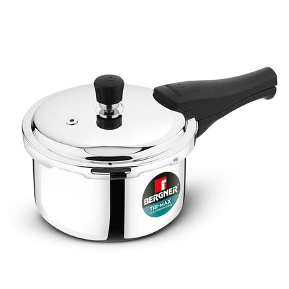 Bergner Tri-Max Junior TriPly 1 Litre Pressure Cooker, Triply Heavy Bottom Outer Lid Mini Pressure Cooker, 1 Pc Free Safety Valve, Measuring Scale Inside - Induction Bottom and Gas Stove Ready