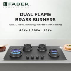 Faber Della 4 Burner 90cm Hob With Auto-Ignition, Brass Burner, Cast Iron Pan Support, Cooktop Hybrid, Matt Black Glass 