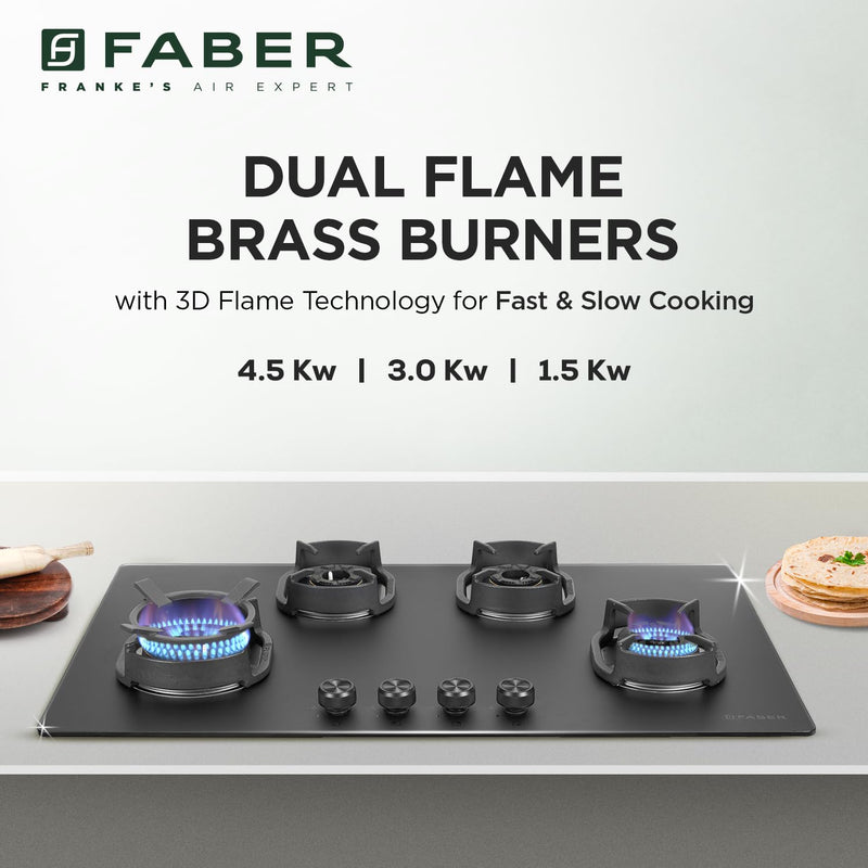 Faber Della 4 Burner 90cm Hob With Auto-Ignition, Brass Burner, Cast Iron Pan Support, Cooktop Hybrid, Matt Black Glass 