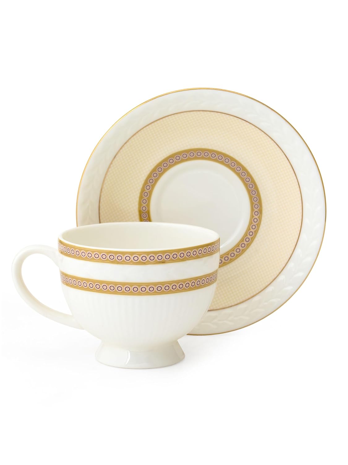Clay Craft Fine Ceramic Gold Impression Cup & Saucer Set - 6 Cups + 6 Saucers -180 ml Each - Snow Impression 1404