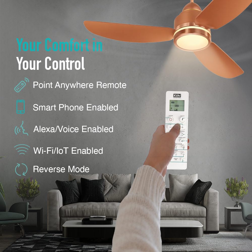 KUHL Luxus C3 1320 mm Stylish 65% Power Saving BLDC Ceiling Fan with Remote | Night & Down Light |29W | BEE 5 Star | Low Noise | IoT Operate via Mobile & Alexa|Reverse Mode |Free Installation |Copper