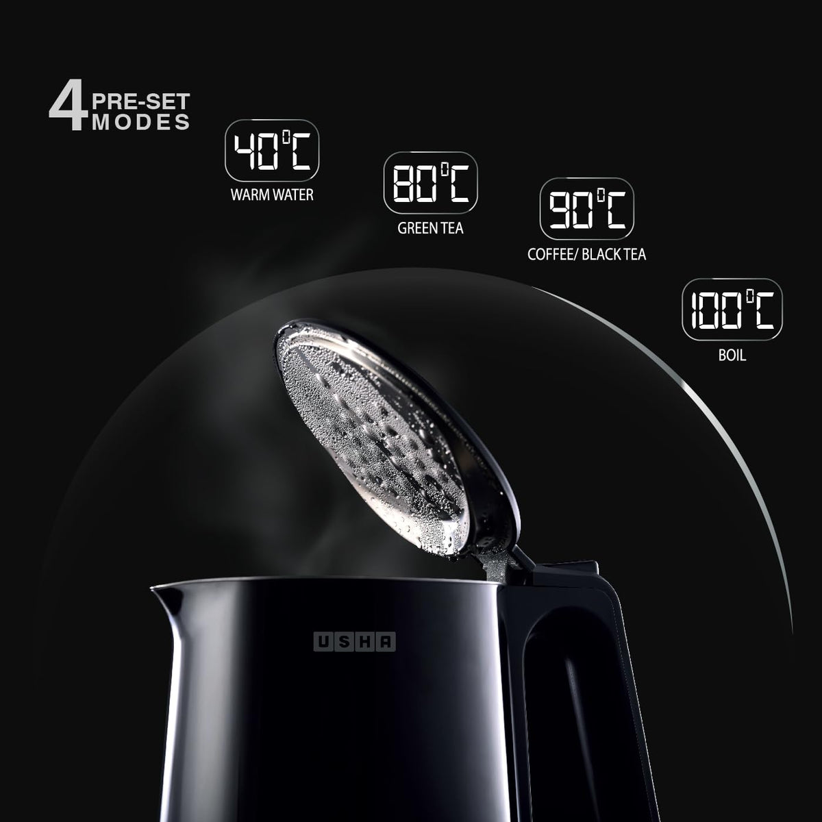 Usha ICHEF Programmable Kettle 2000 Watt| 1.5L | Digital LED Display & Touch control | Double wall for protection from hot exterior| 4 Pre-set modes| Safety with auto cut off | 2 Years Warranty(Black)