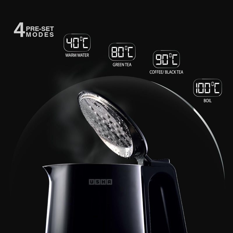 Usha ICHEF Programmable Kettle 2000 Watt| 1.5L | Digital LED Display & Touch control | Double wall for protection from hot exterior| 4 Pre-set modes| Safety with auto cut off | 2 Years Warranty(Black)
