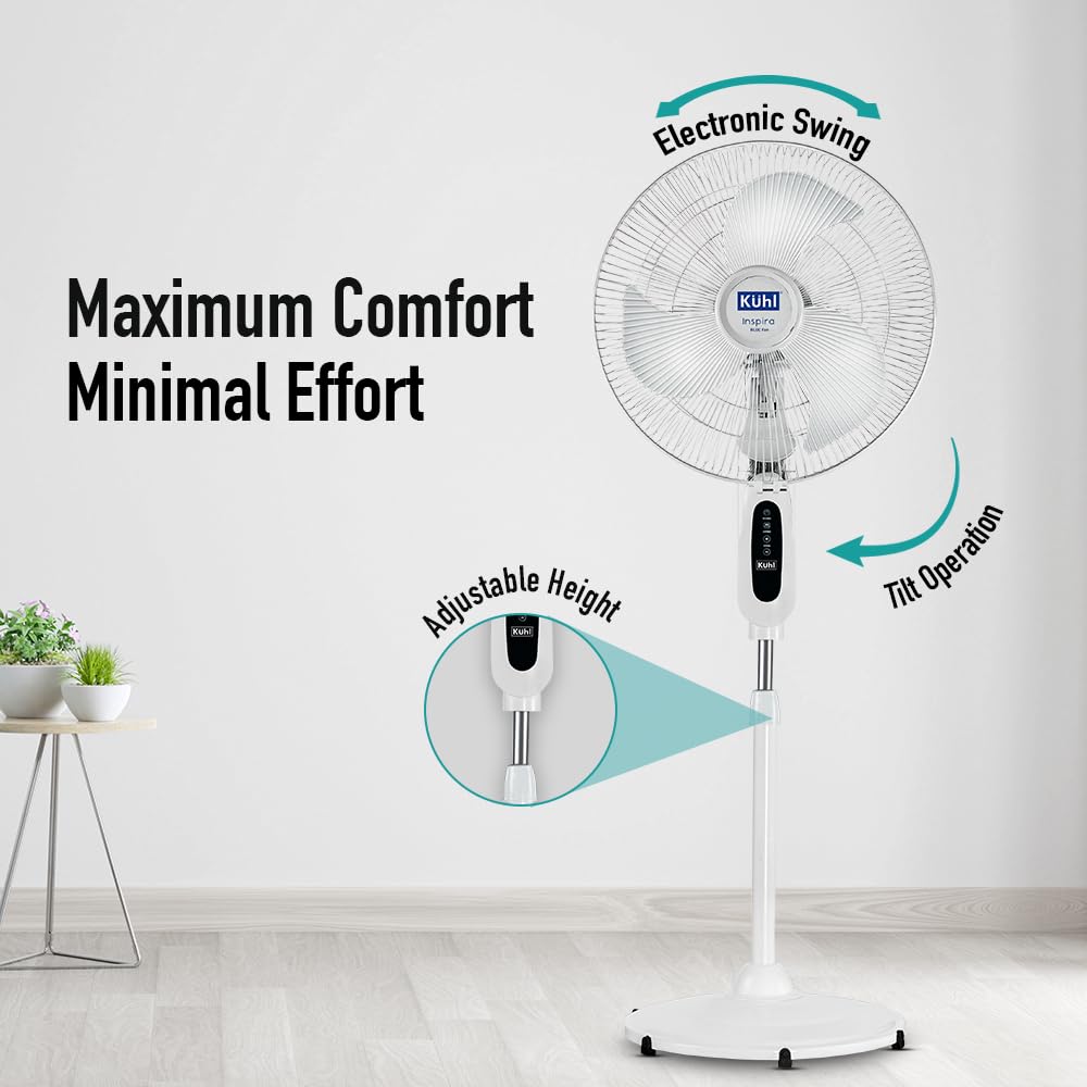 KUHL Inspira P2 High Speed BLDC Pedestal Fan With Remote | 450mm | 1400 RPM | 145 CMM High Air Delivery | 6 Speeds | Height,Tilt Adjustment | Oscillation,Timer | Low Noise | 2+5 Years warranty | White