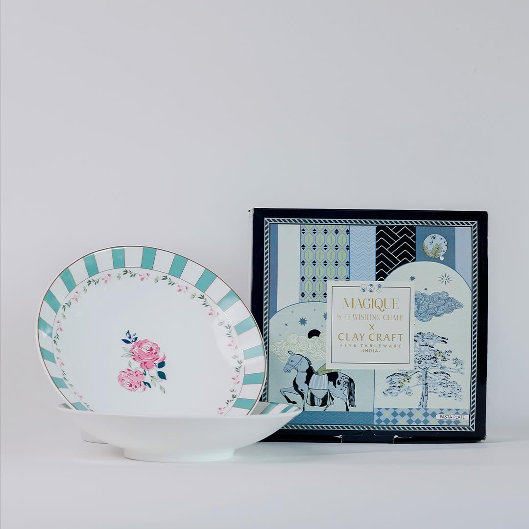 Magique by The Wishing Chair x ClayCraft : Portrait of a Rose Pasta Plates Set of 2 | Ceramic Coupe Plates | Elegant Floral Dinnerware | Ideal Gift for All Occasions | Dishwasher Safe