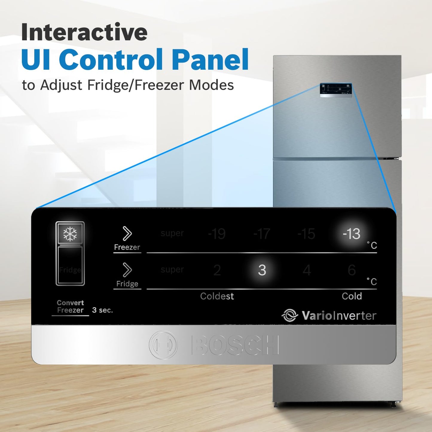 Bosch 243L 3 Star Inverter Frost free Double Door Refrigerator (2023 Model, CTC27S031I, 6-in-1 Convertible, 18 Hours Cooling Retention, Digital Display, Super Freeze, 80min Covert, Silver Inox)