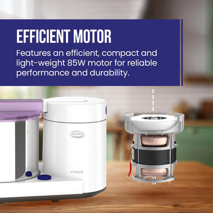 ULTRA Abs Plastic Micro 1.75 Litre Table Top Wet Grinder - White| Fast Grinding Conical Stones,85W Power & 5 Years Warranty|AISI 304 Food-Grade SS Multi Utility Cylindrical Type Drum