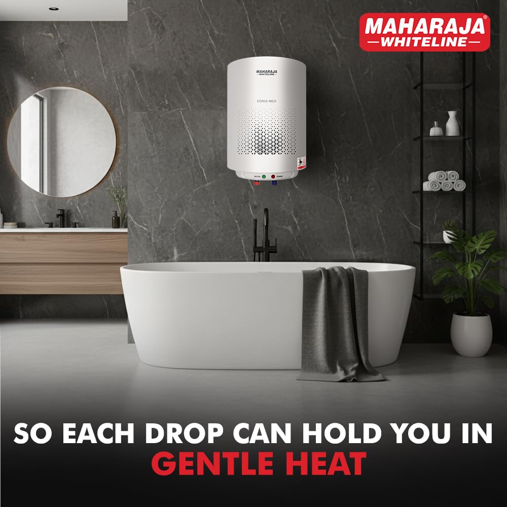 Maharaja Whiteline Energy Efficient Water Heater EDNIS NEO 15L | 4-Star Rated with Polymer-Coated Inner Tank, Smart Inlet Diffuser & Durable Metal Body | Long-Lasting Design with 5-Year Tank Warranty