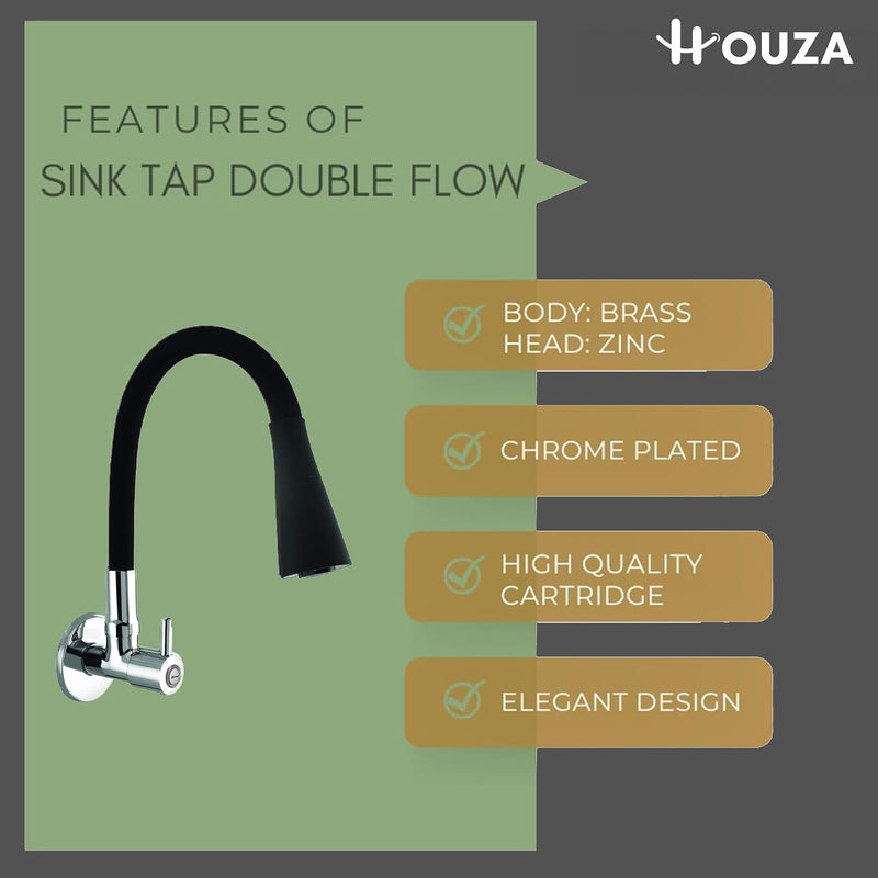 HOUZA Brass Kitchen Sink Tap Faucet with Pull Down Sprayer | Kitchen Tap with 360 Degree Flexible Silicon Swivel Spout | Water Saving Aerated Dual Flow Kitchen Faucet for Sink (Chrome Finish, Black)