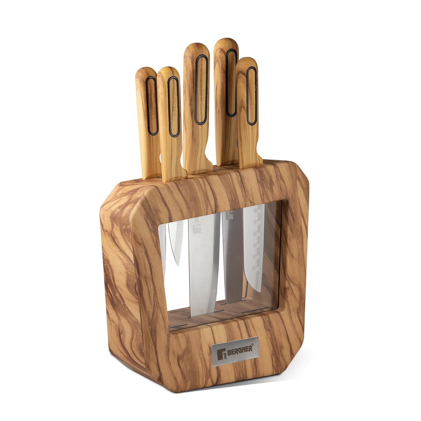 BERGNER Olive Garden Stainless Steel 7 Pcs Knife Set, Kitchen Knife Set of Chef Knife, Santoku Knife, Carving Knife, Utility Knife, Paring Knife, Scissor with Wooden Block, Durable, Soft Touch Handle