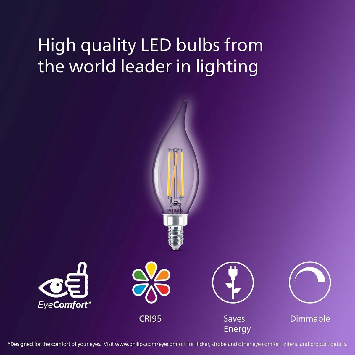 Philips Pack of 3 LED Chandelier Bulbs 60W BA11 E12 Ultra Definition Soft White (2700K) 500 Lumens (5W=60W)