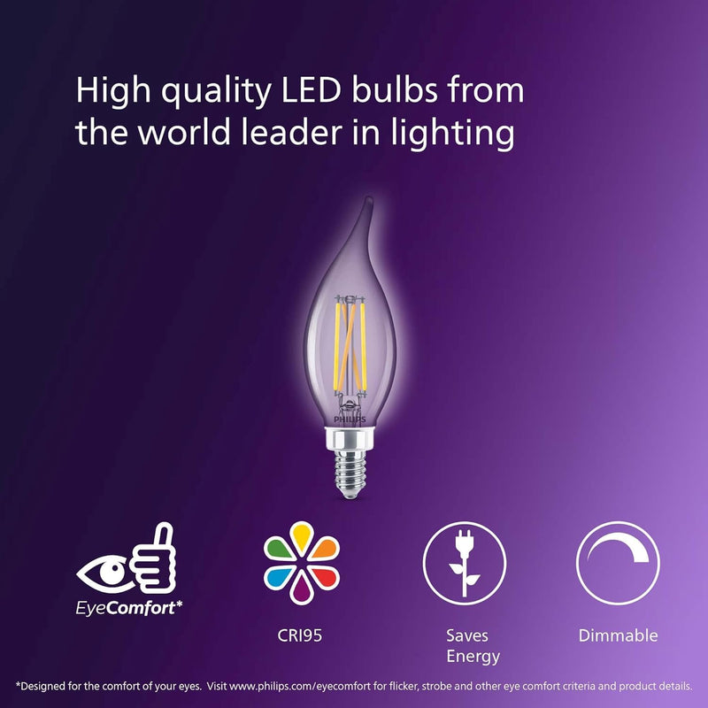 Philips Pack of 3 LED Chandelier Bulbs 60W BA11 E12 Ultra Definition Soft White (2700K) 500 Lumens (5W=60W)